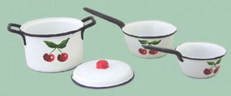 Dollhouse Miniature Pot W/Lid/2 Sauce Pans W/Cherries
